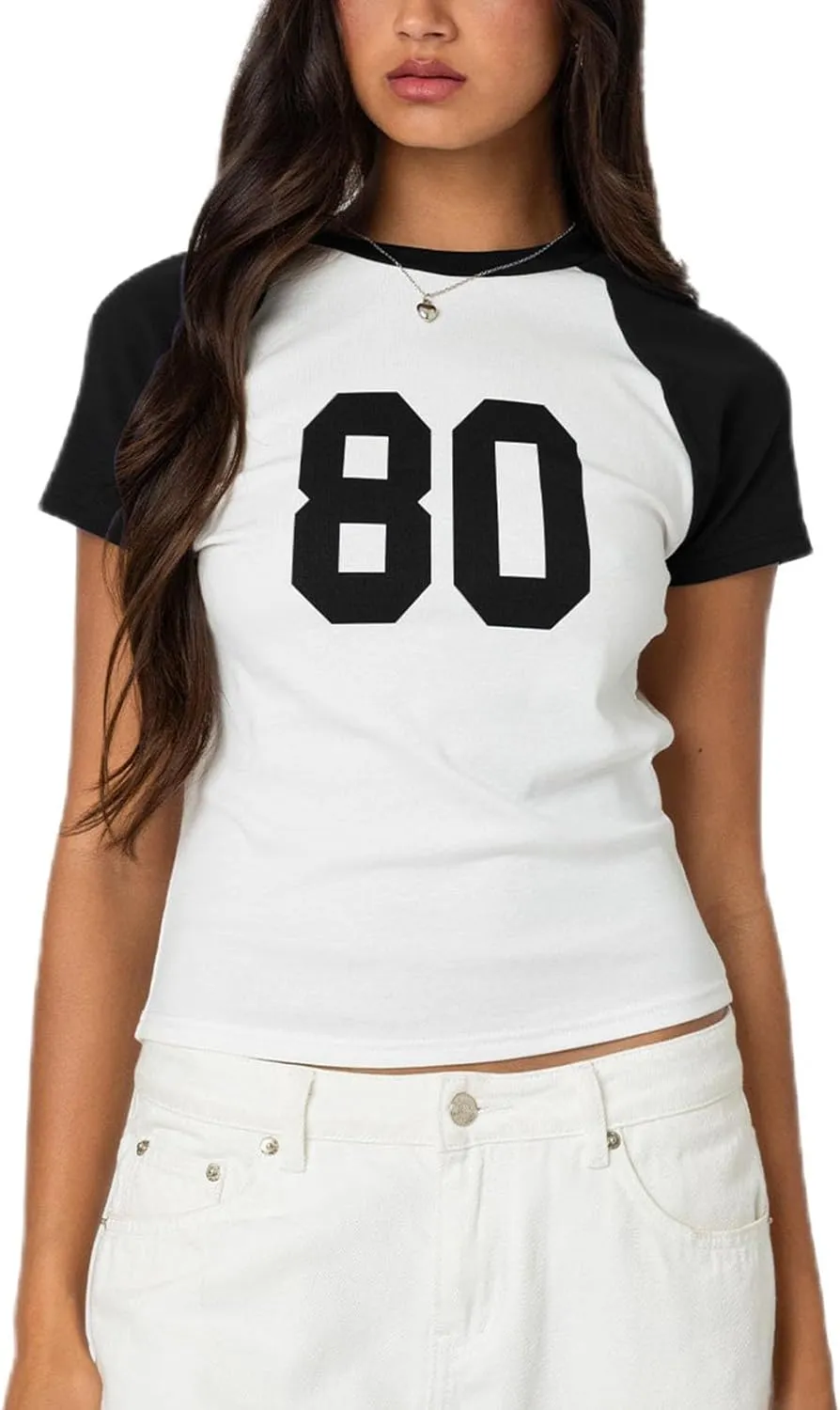 Women Y2K Short Sleeve Jersey Crop Tops Numer Print Crew Neck Baby Tee 90S Vintage Slim Fit Shirts Streetwear