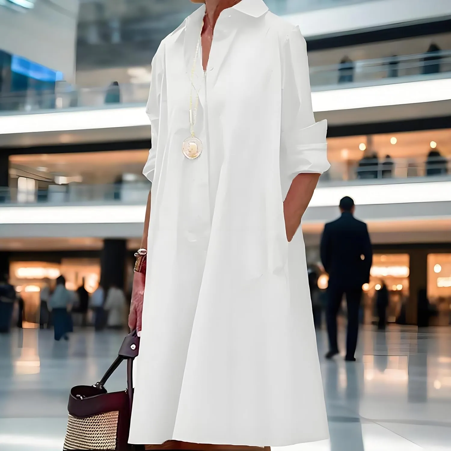 Womens 2025 Long Sleeve Button Down Shirt Summer Dress Casual V Neck Loose Fit Midi Shirt Dresses with Pockets
