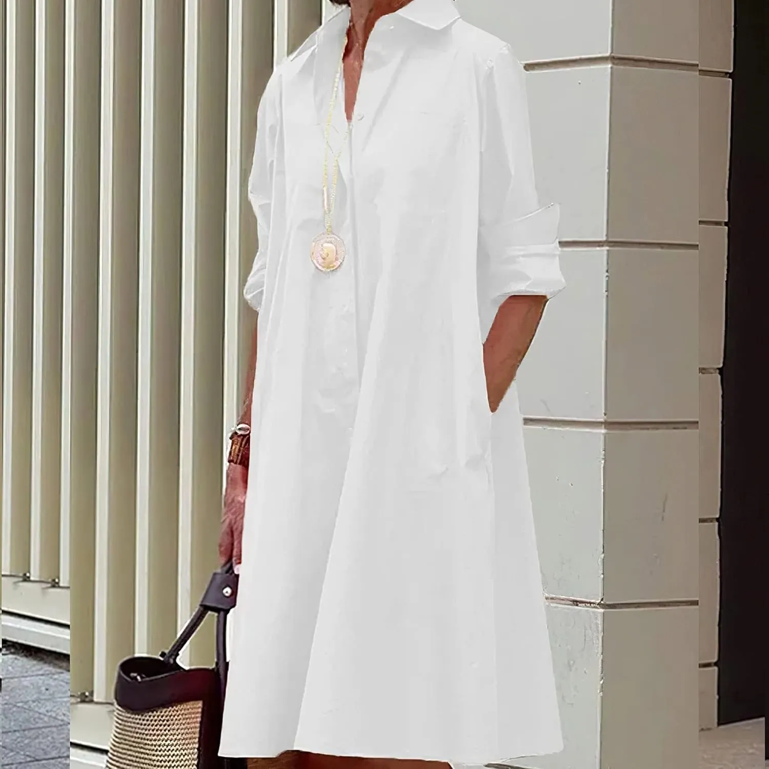 Womens 2025 Long Sleeve Button Down Shirt Summer Dress Casual V Neck Loose Fit Midi Shirt Dresses with Pockets