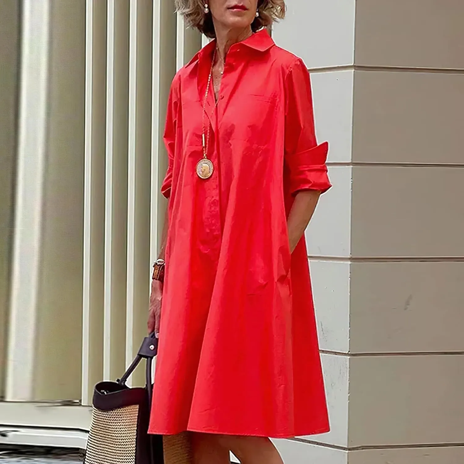 Womens 2025 Long Sleeve Button Down Shirt Summer Dress Casual V Neck Loose Fit Midi Shirt Dresses with Pockets