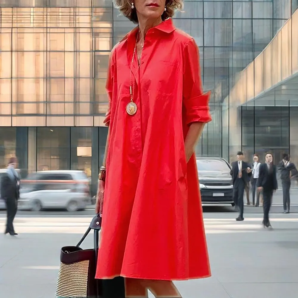 Womens 2025 Long Sleeve Button Down Shirt Summer Dress Casual V Neck Loose Fit Midi Shirt Dresses with Pockets