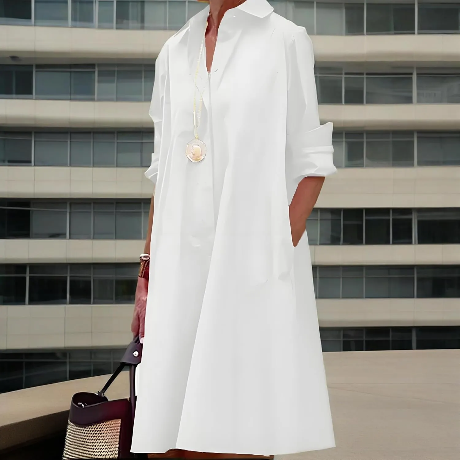 Womens 2025 Long Sleeve Button Down Shirt Summer Dress Casual V Neck Loose Fit Midi Shirt Dresses with Pockets
