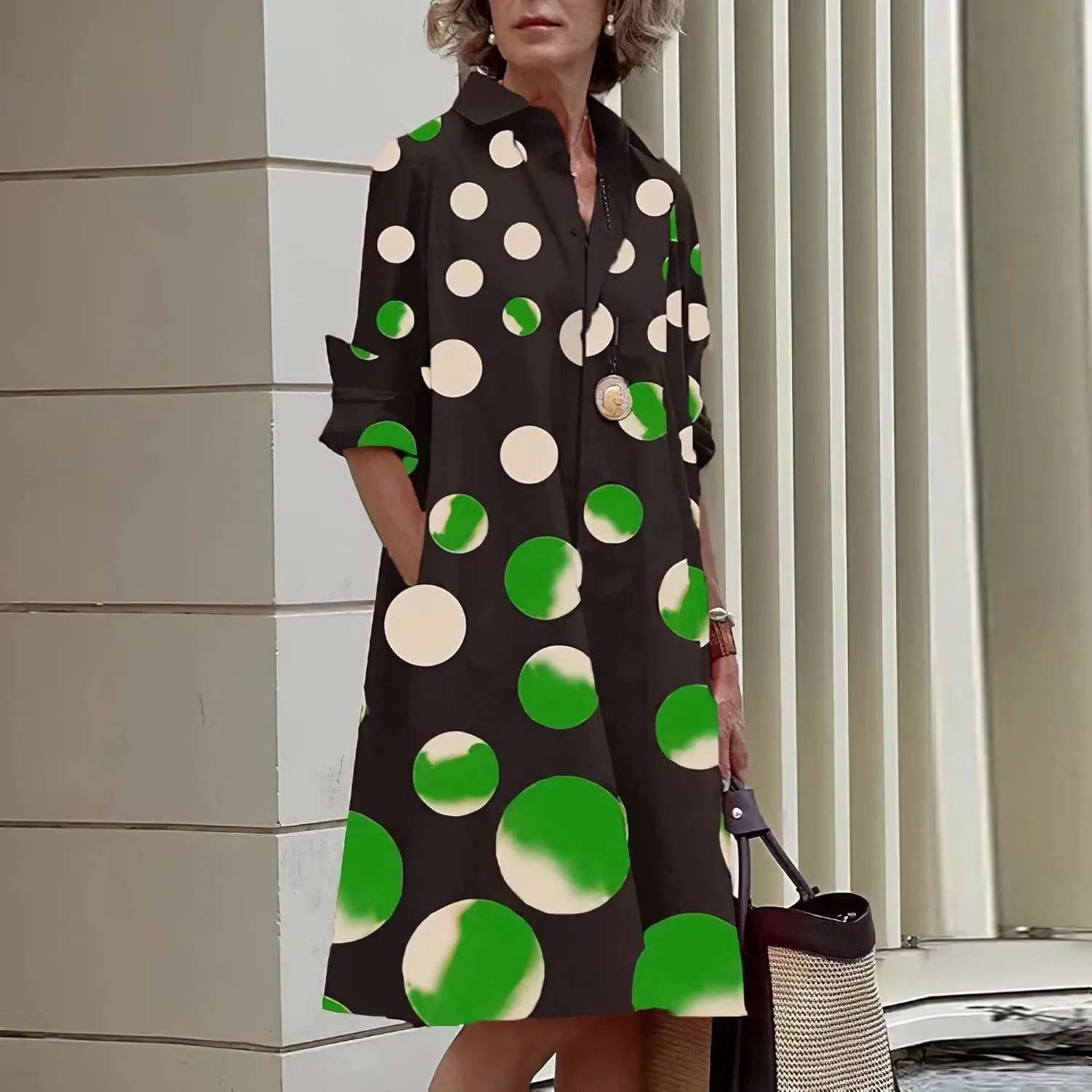 Womens 2025 Long Sleeve Button Down Shirt Summer Dress Casual V Neck Loose Fit Midi Shirt Dresses with Pockets