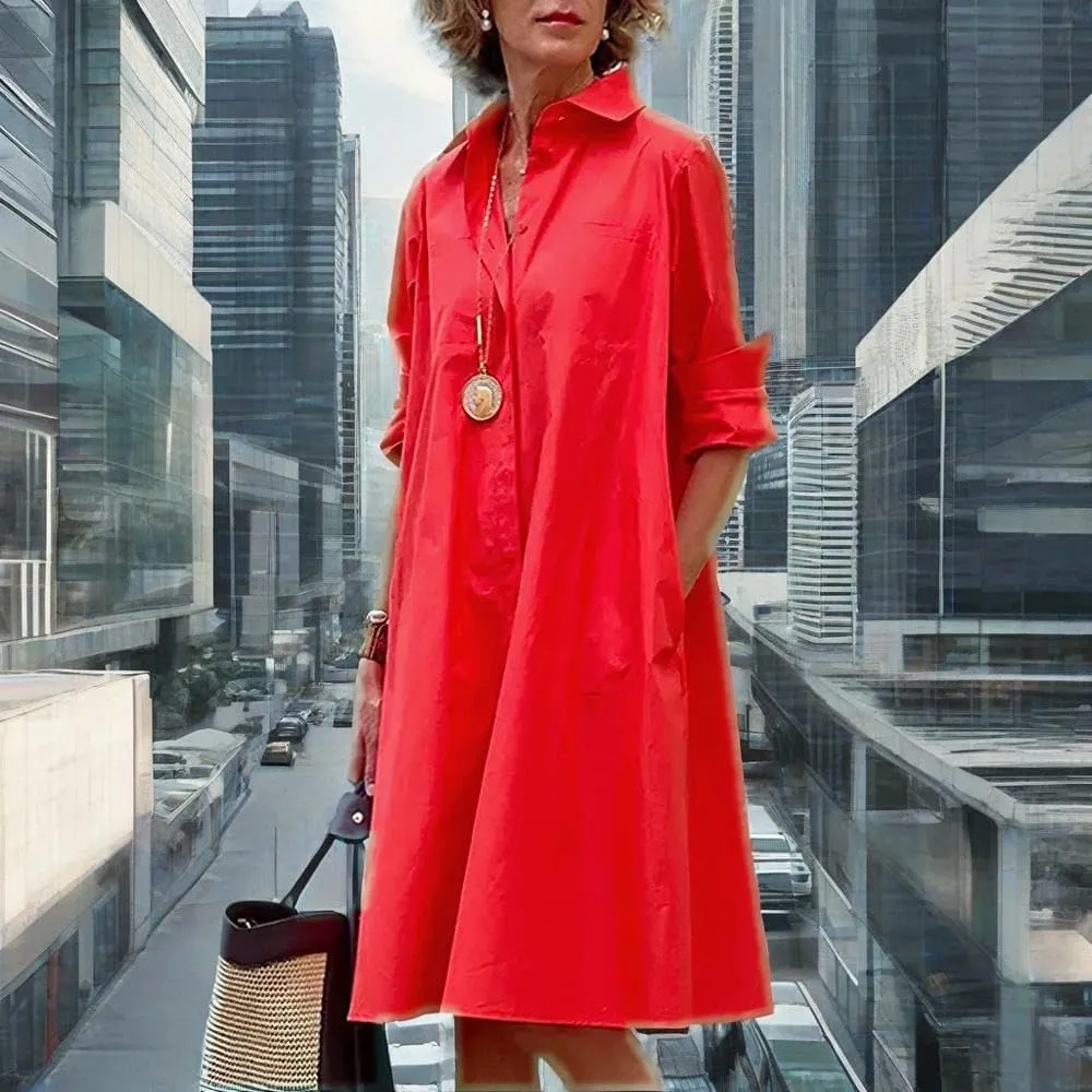 Womens 2025 Long Sleeve Button Down Shirt Summer Dress Casual V Neck Loose Fit Midi Shirt Dresses with Pockets