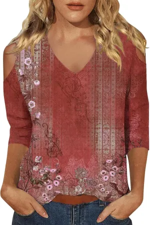 Women's 3/4 Length Sleeve Tops Trendy Dressy Casual V-Neck Loose Soft Lightweight Tunic Blouses T-Shirts Summer