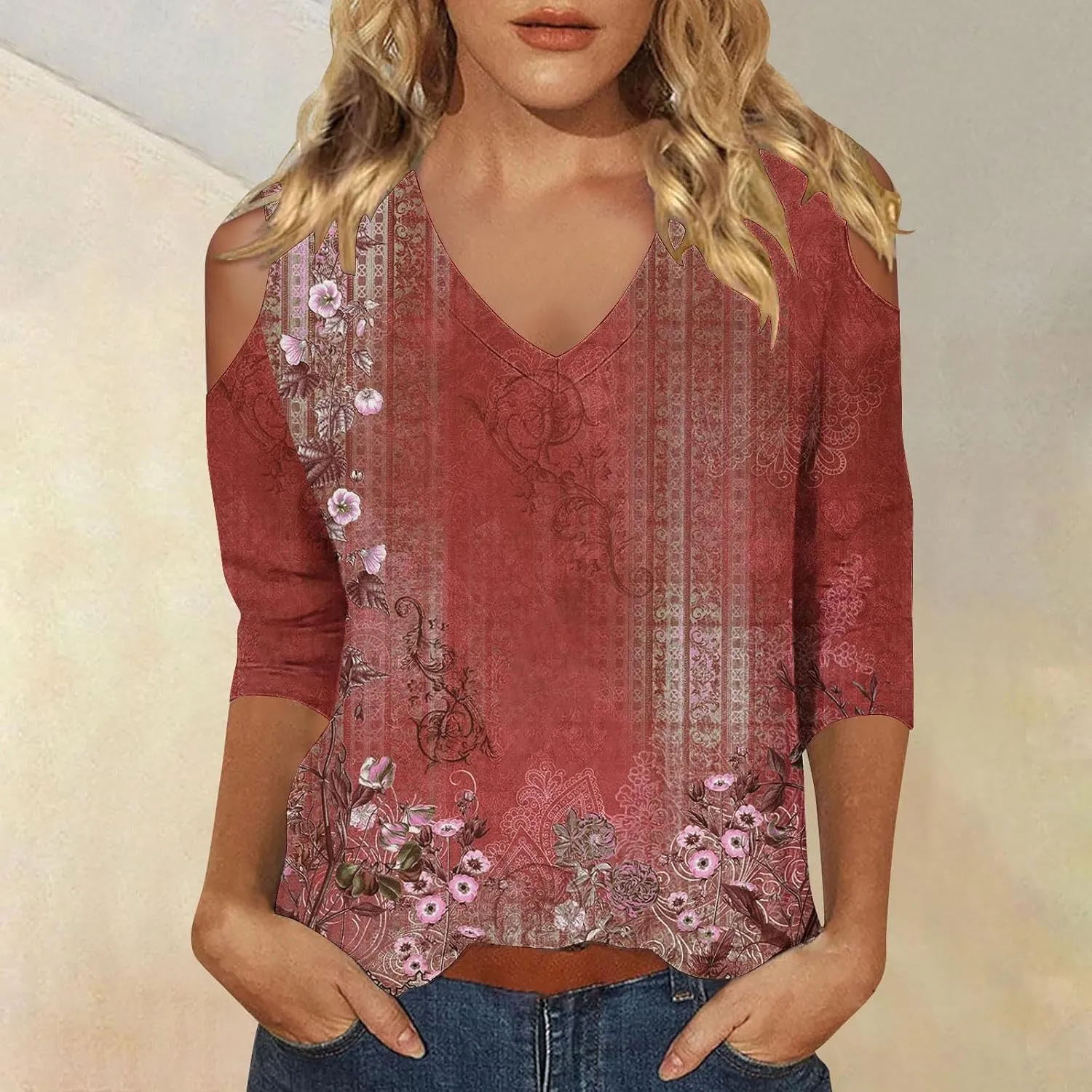 Women's 3/4 Length Sleeve Tops Trendy Dressy Casual V-Neck Loose Soft Lightweight Tunic Blouses T-Shirts Summer