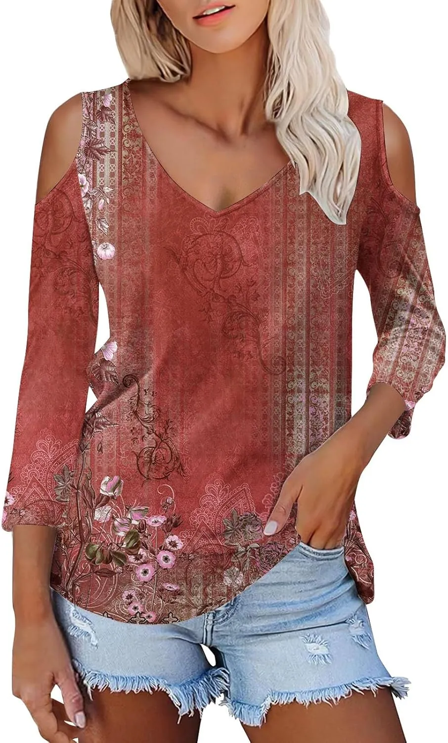 Women's 3/4 Length Sleeve Tops Trendy Dressy Casual V-Neck Loose Soft Lightweight Tunic Blouses T-Shirts Summer