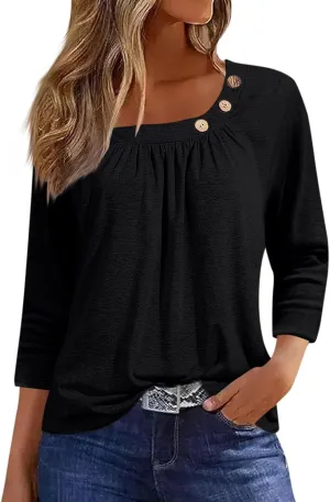 Womens 3/4 Sleeve Blouses Dressy Casual Loose Fit Shirts Button Decor Summer Trendy Tunic Tops
