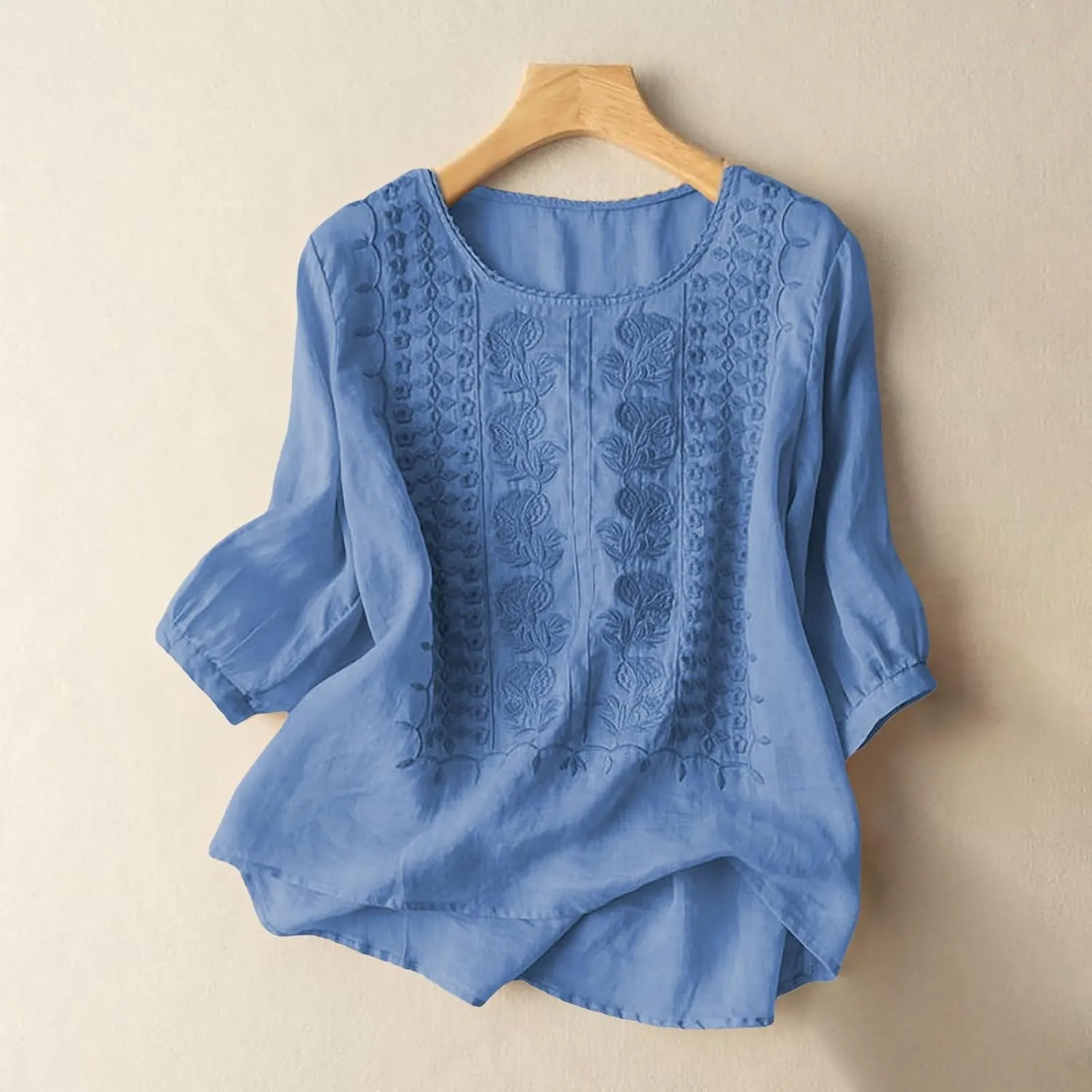 Women's 3/4 Sleeve Cotton Linen Jacquard Blouses Top T-Shirt 2025 Loose Fit Crew Neck Floral Embroidery Ruched Shirt