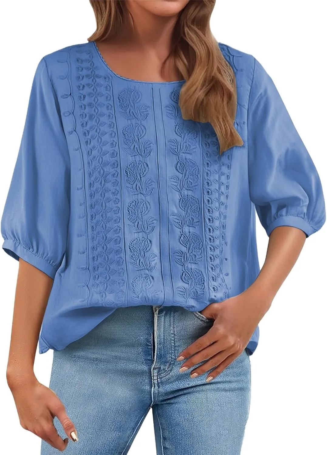 Women's 3/4 Sleeve Cotton Linen Jacquard Blouses Top T-Shirt 2025 Loose Fit Crew Neck Floral Embroidery Ruched Shirt
