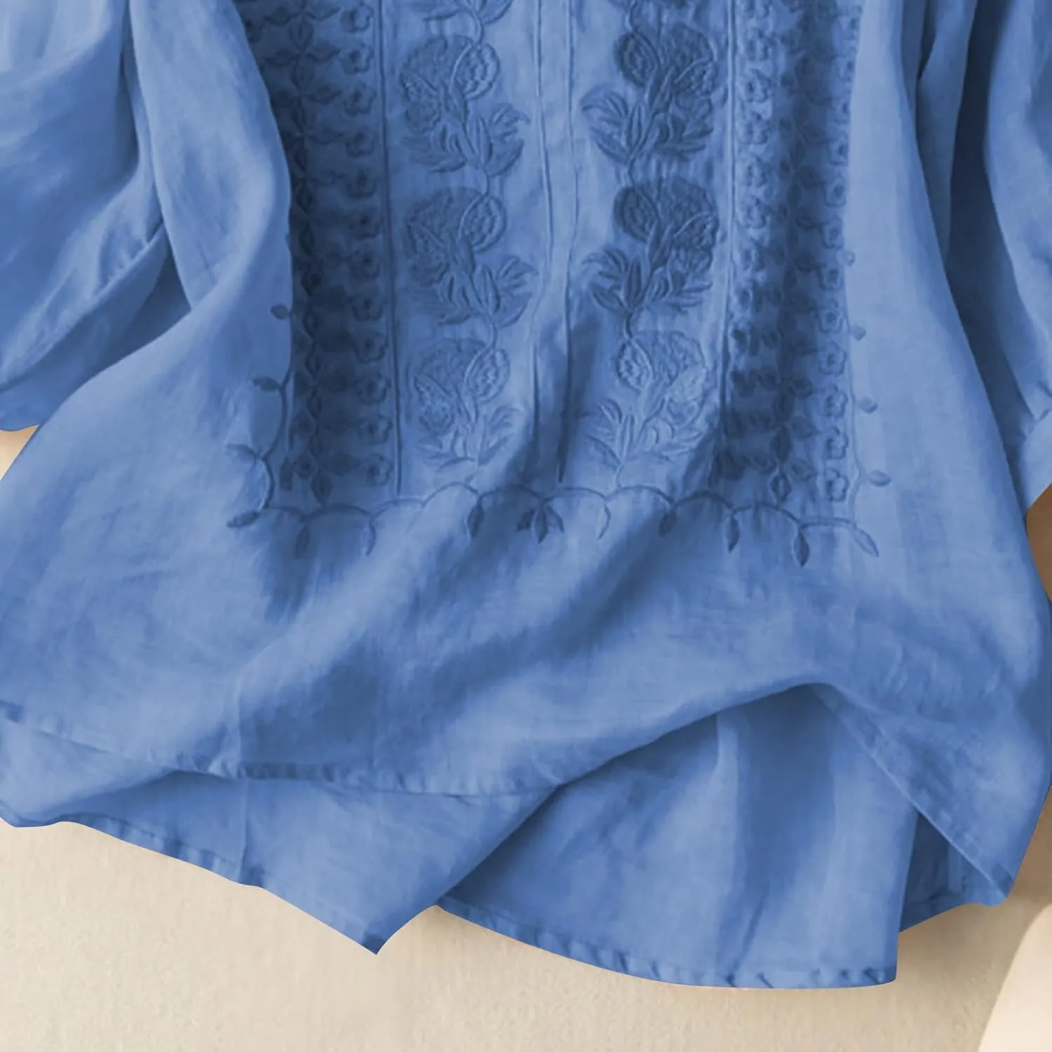 Women's 3/4 Sleeve Cotton Linen Jacquard Blouses Top T-Shirt 2025 Loose Fit Crew Neck Floral Embroidery Ruched Shirt