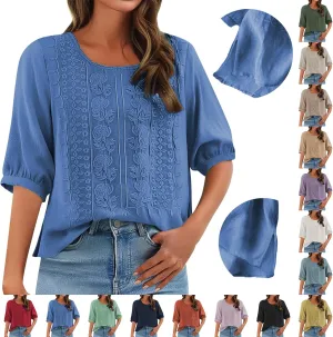 Women's 3/4 Sleeve Cotton Linen Jacquard Blouses Top T-Shirt 2025 Loose Fit Crew Neck Floral Embroidery Ruched Shirt