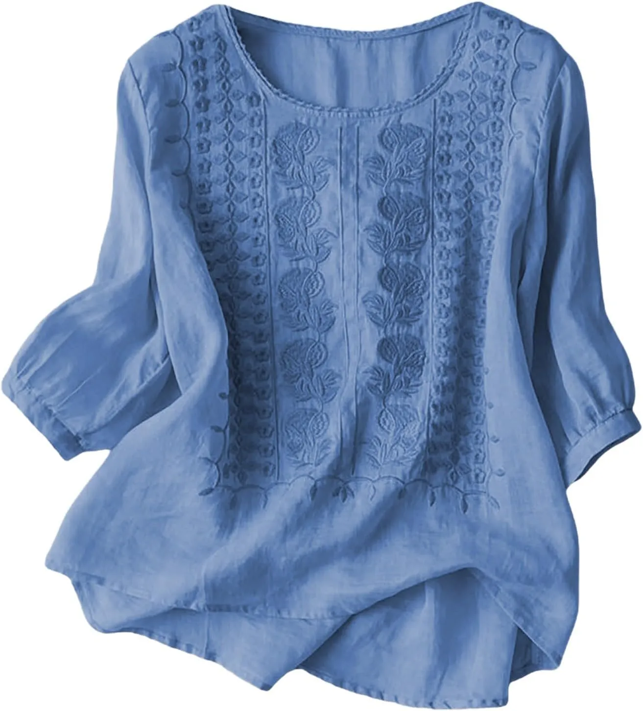 Women's 3/4 Sleeve Cotton Linen Jacquard Blouses Top T-Shirt 2025 Loose Fit Crew Neck Floral Embroidery Ruched Shirt