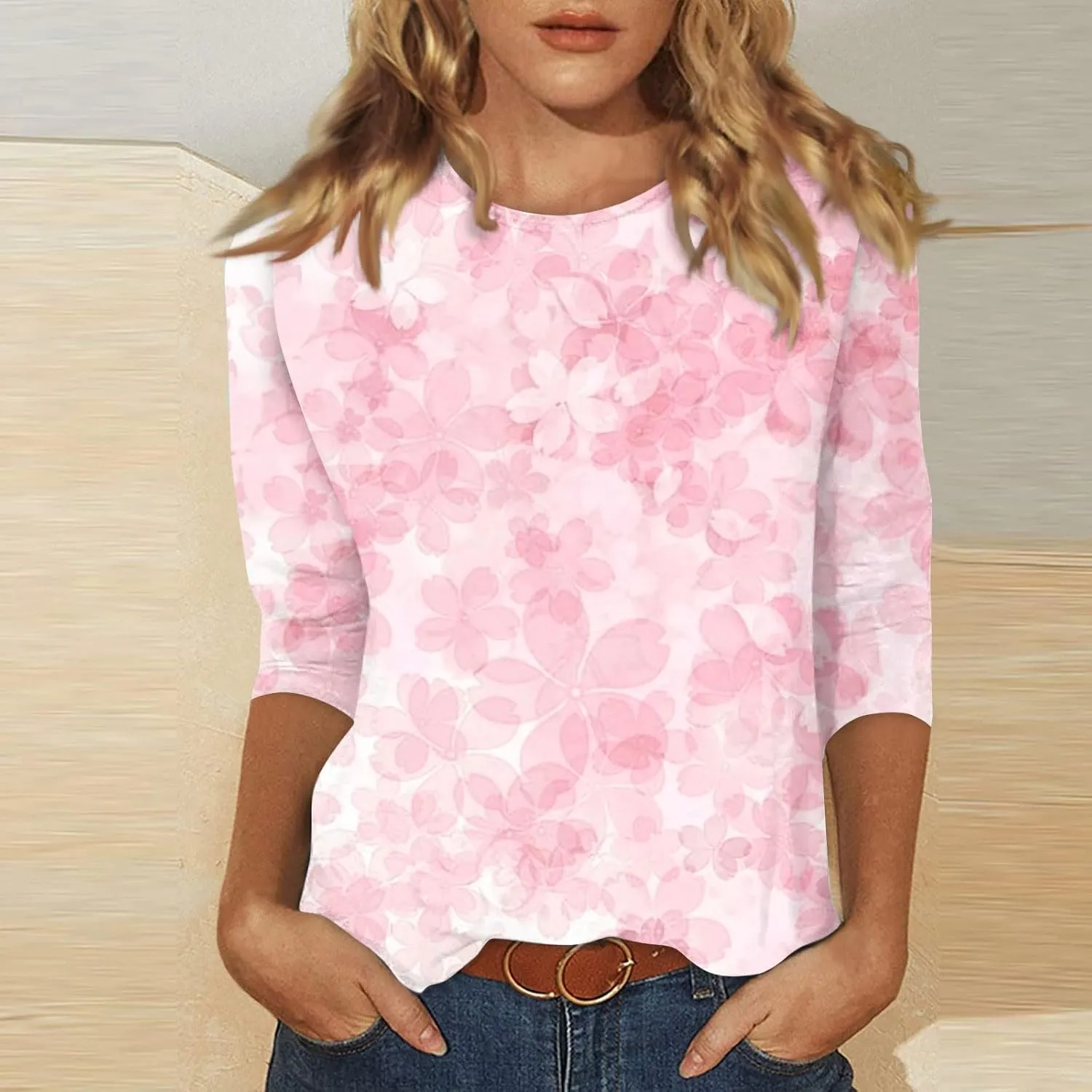 Womens 3/4 Sleeve Tops 2025 Spring Print Round Neck Shirts Loose Fit Three Quarter Sleeve Tshirts