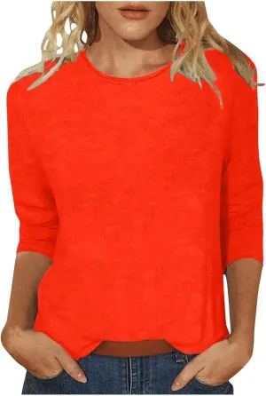 Women's 3/4 Sleeve Tops Trendy Summer 2025 Crew Neck Solid Color T-Shirts Slim Tunic Blouses Loose Fit Workout Outfits