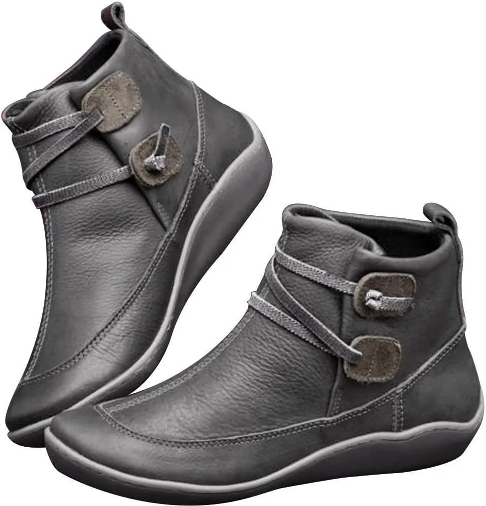Women's Ankle Boots Vintage Leather Ankle Boots Arch Support Ankle Booties Casual Flat Heel Comfy Short Boots