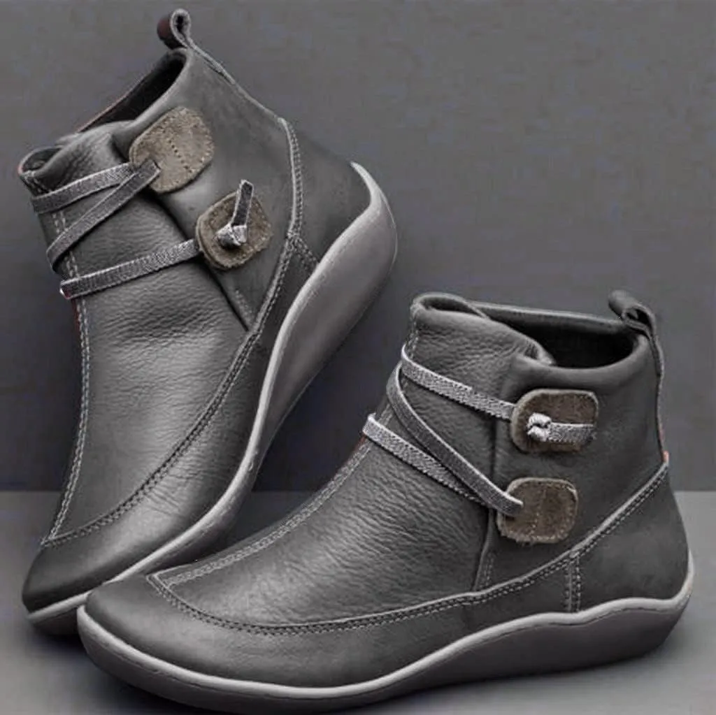 Women's Ankle Boots Vintage Leather Ankle Boots Arch Support Ankle Booties Casual Flat Heel Comfy Short Boots