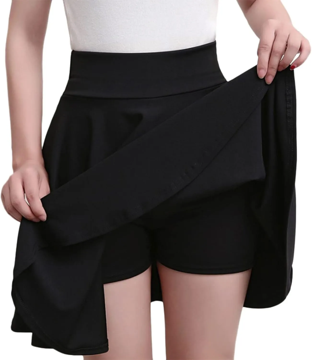 Women's Basic Mini Skirt Elastic High Waisted Casual Stretchy Pleated Skirts with Shorts A-Line Swing Short Dress