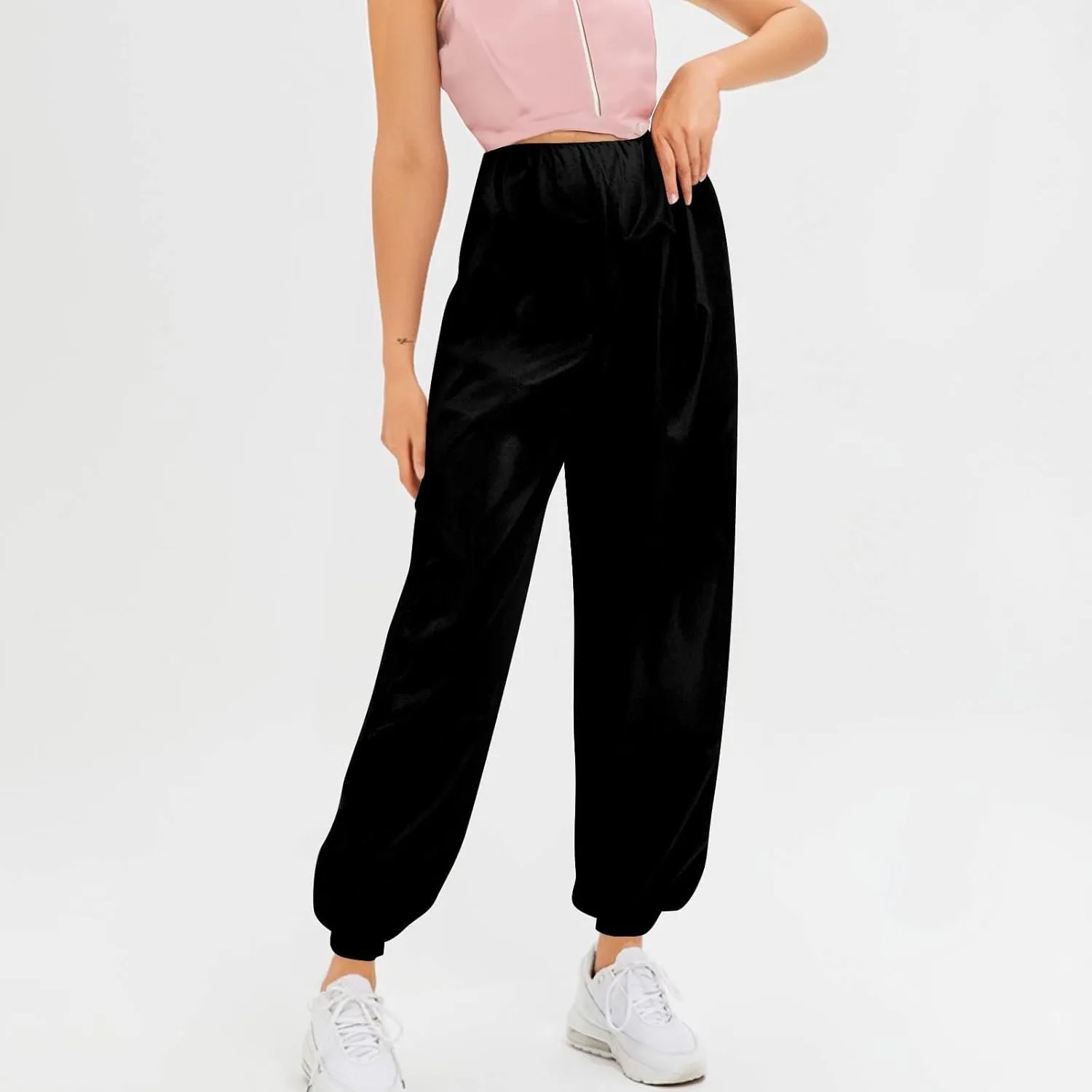 Womens Beach Pants Baggy Solid Cropped Pants Pull On Stretch with Pockets Elastic High Waisted Trousers Summer Fashion