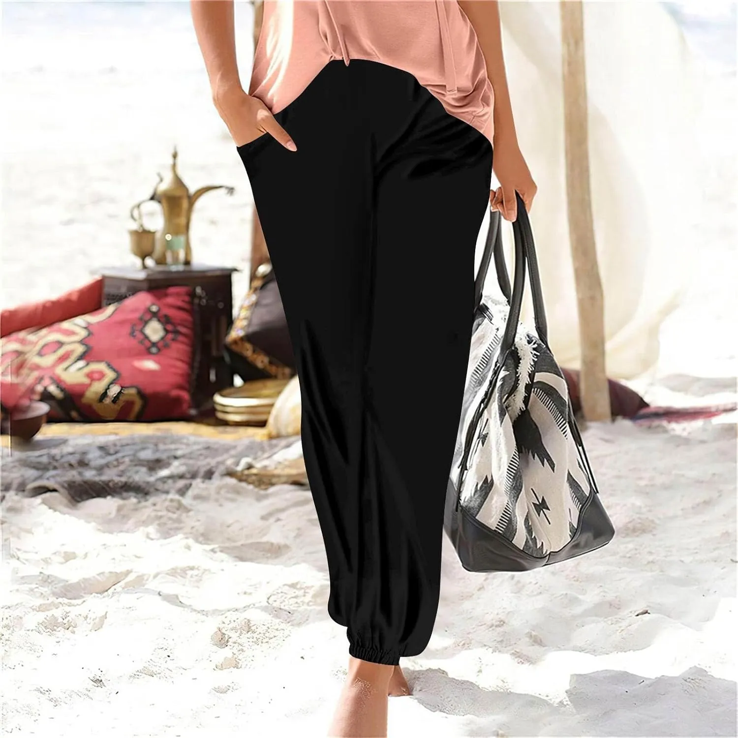 Womens Beach Pants Baggy Solid Cropped Pants Pull On Stretch with Pockets Elastic High Waisted Trousers Summer Fashion
