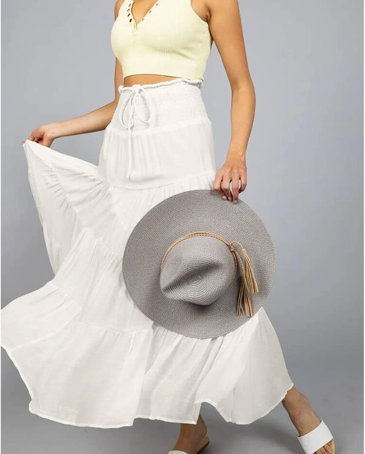 Women's Boho Elastic High Waist Pleated A-line Ruffle Midi Maxi Skirt Summer Flowy Casual Skirts Beach Holiday