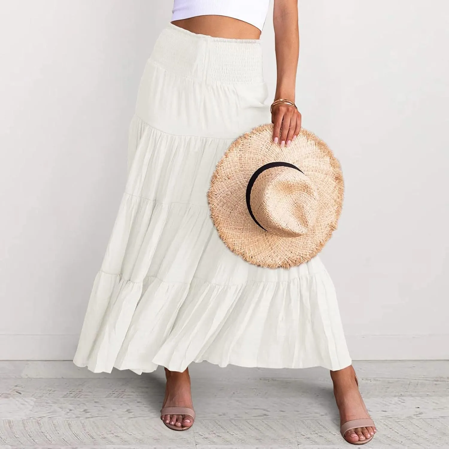 Women's Boho Elastic High Waist Pleated A-line Ruffle Midi Maxi Skirt Summer Flowy Casual Skirts Beach Holiday