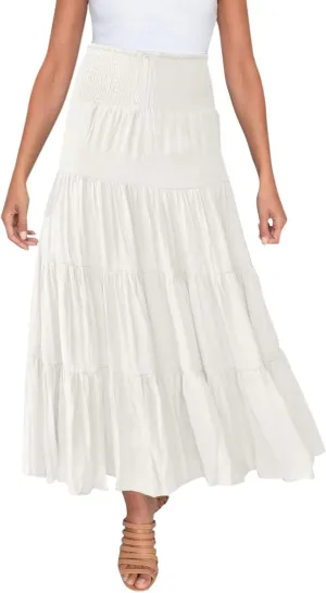 Women's Boho Elastic High Waist Pleated A-line Ruffle Midi Maxi Skirt Summer Flowy Casual Skirts Beach Holiday