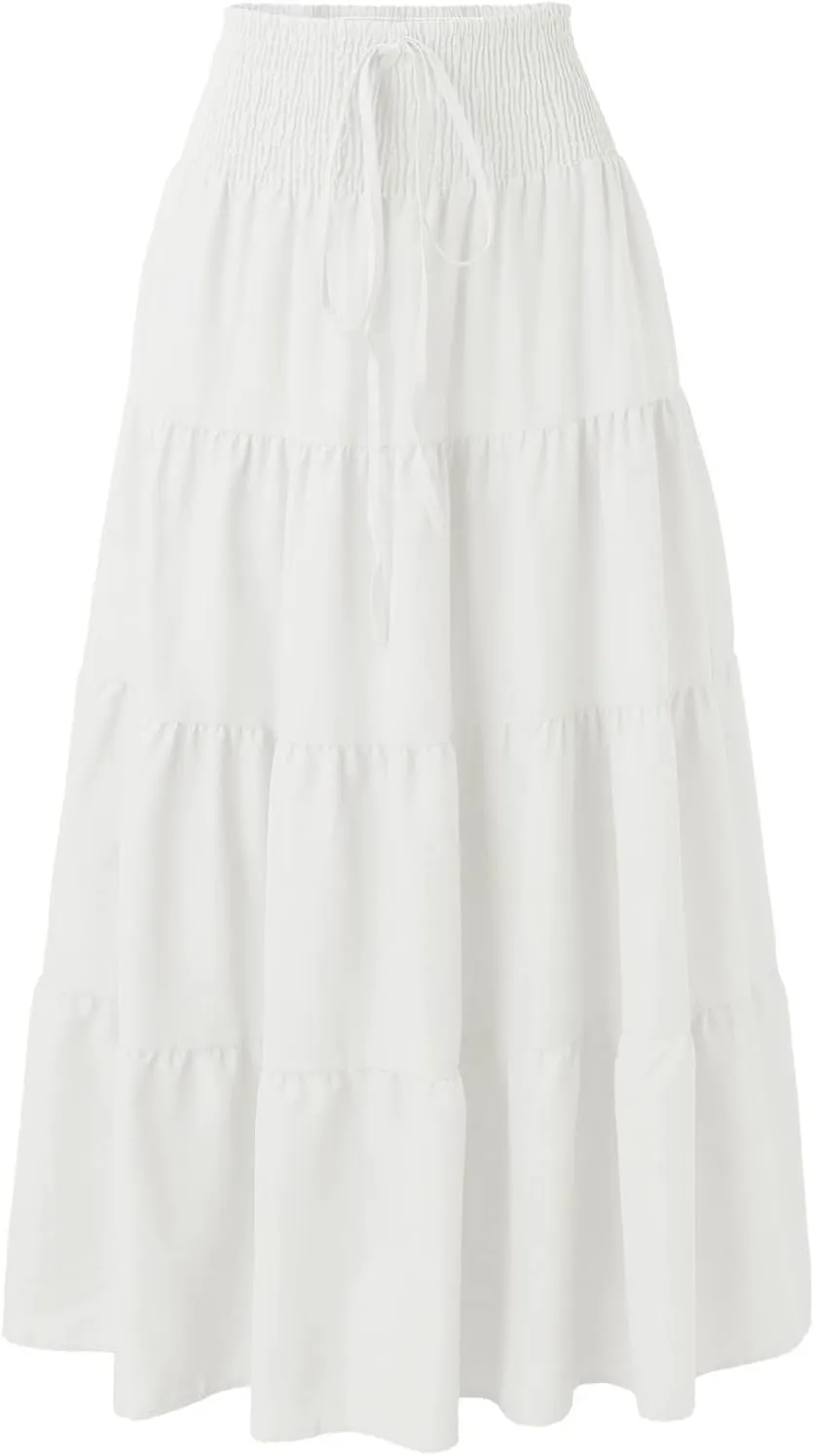 Women's Boho Elastic High Waist Pleated A-line Ruffle Midi Maxi Skirt Summer Flowy Casual Skirts Beach Holiday