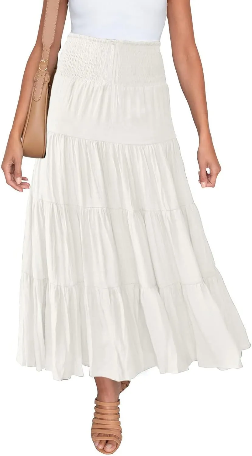 Women's Boho Elastic High Waist Pleated A-line Ruffle Midi Maxi Skirt Summer Flowy Casual Skirts Beach Holiday
