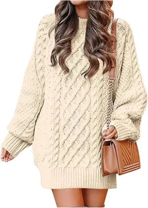 Womens Cable Knit Chunky Sweater Casual Long Sleeve Pullover Tunic Sweater Tops Oversized Trendy Mini Sweater Dress