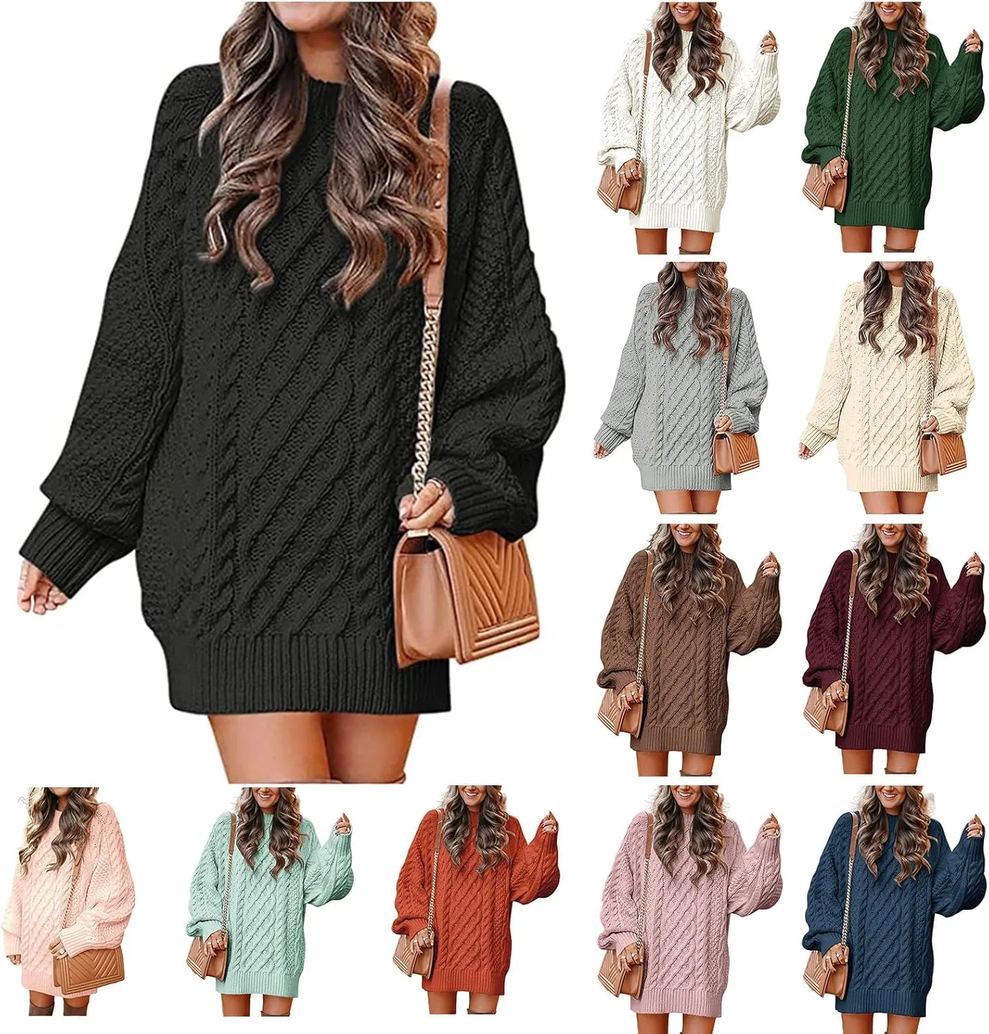 Womens Cable Knit Chunky Sweater Casual Long Sleeve Pullover Tunic Sweater Tops Oversized Trendy Mini Sweater Dress