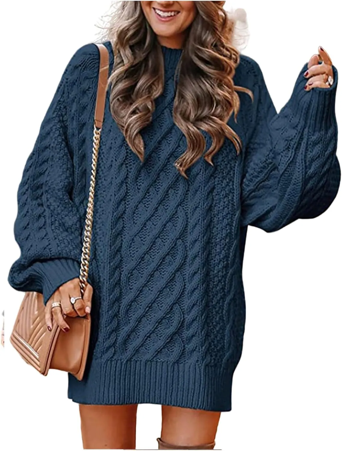 Womens Cable Knit Chunky Sweater Casual Long Sleeve Pullover Tunic Sweater Tops Oversized Trendy Mini Sweater Dress