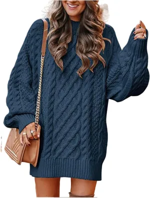 Womens Cable Knit Chunky Sweater Casual Long Sleeve Pullover Tunic Sweater Tops Oversized Trendy Mini Sweater Dress