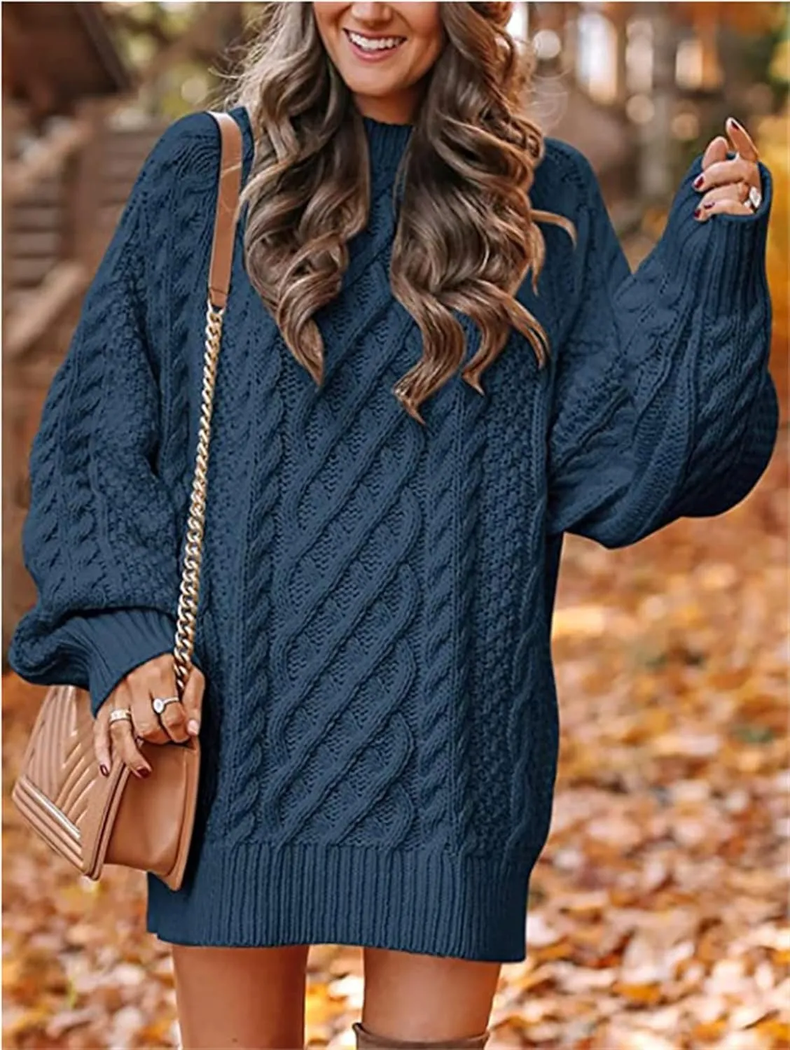 Womens Cable Knit Chunky Sweater Casual Long Sleeve Pullover Tunic Sweater Tops Oversized Trendy Mini Sweater Dress