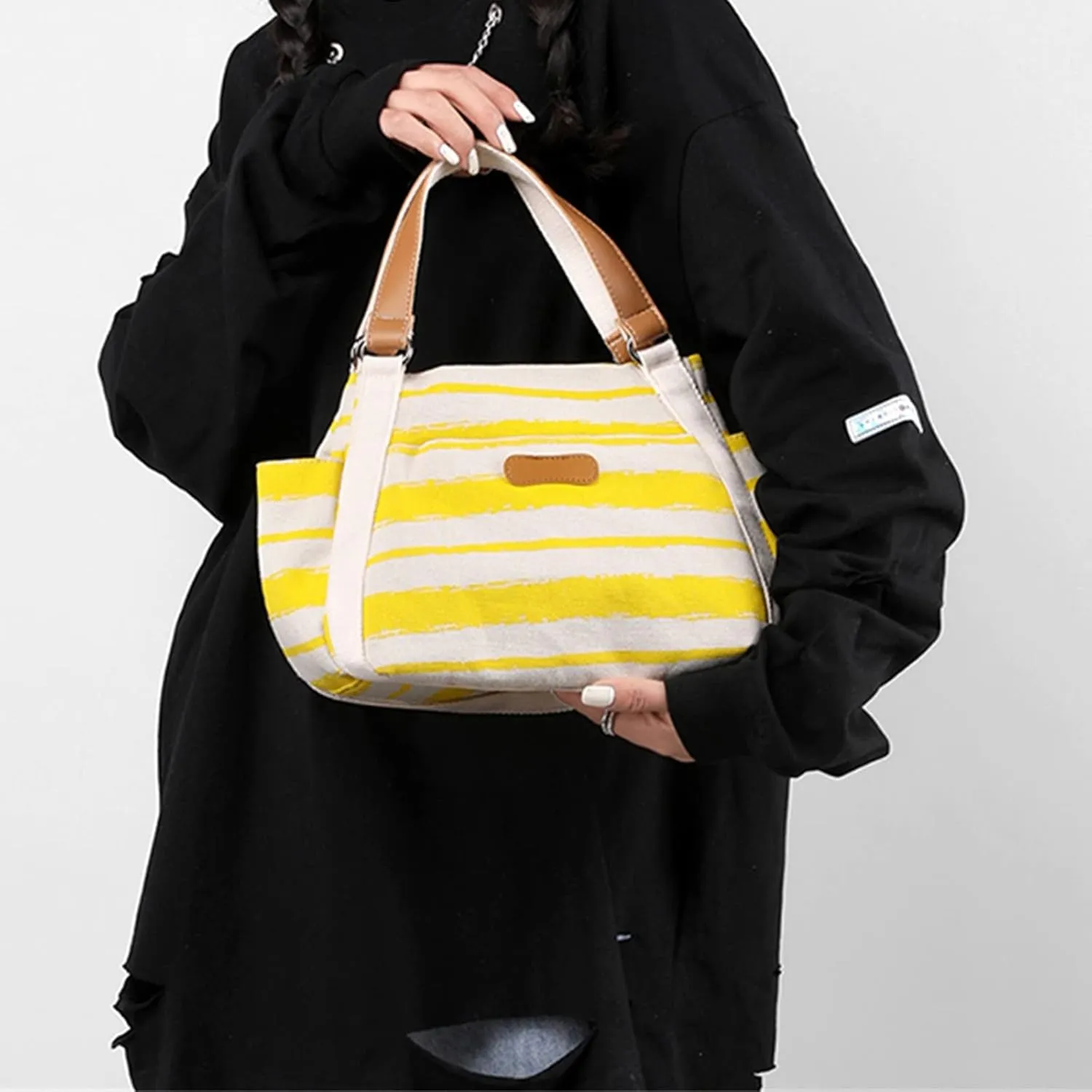 Women's Canvas Tote Bags with Zipper Fashion Ladies PU Leather Top Handle Bags Trendy Waterproof Cross Body Bag