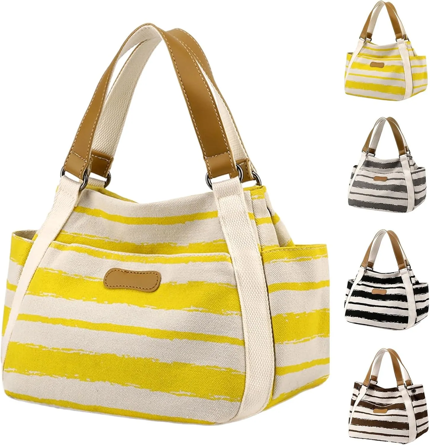 Women's Canvas Tote Bags with Zipper Fashion Ladies PU Leather Top Handle Bags Trendy Waterproof Cross Body Bag