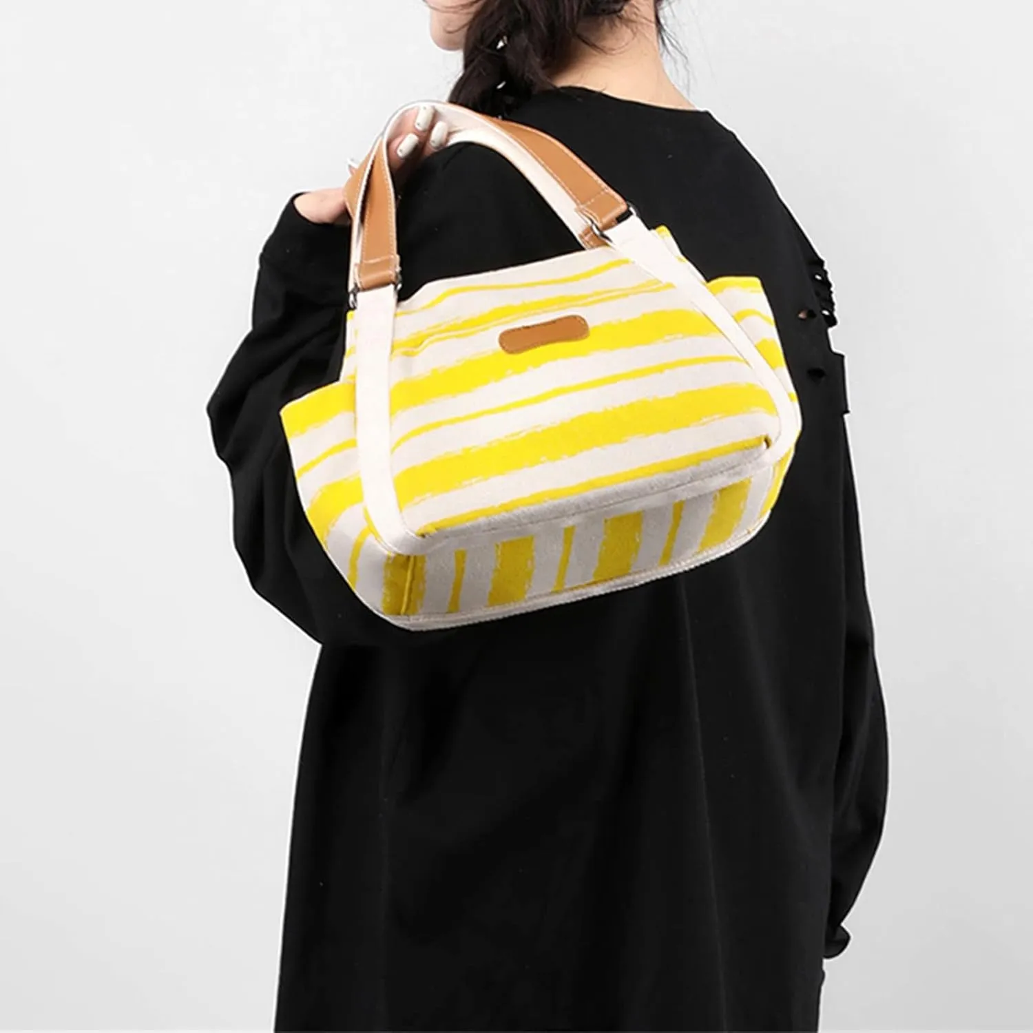 Women's Canvas Tote Bags with Zipper Fashion Ladies PU Leather Top Handle Bags Trendy Waterproof Cross Body Bag