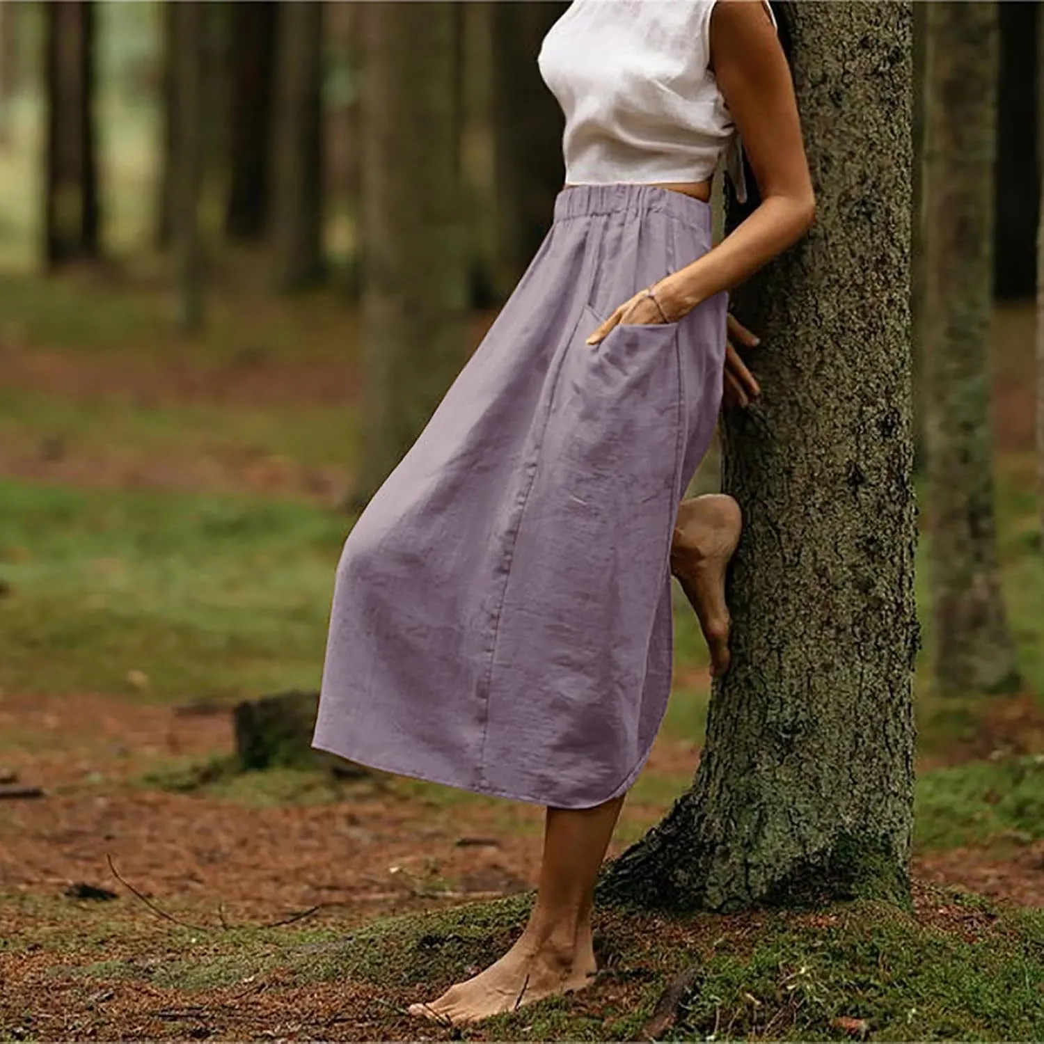 Women's Casual Linen Skirts Elastic Waist Midi Skirts A Line Pleated Skirts with Pockets Beach Flowy Boho Skirts