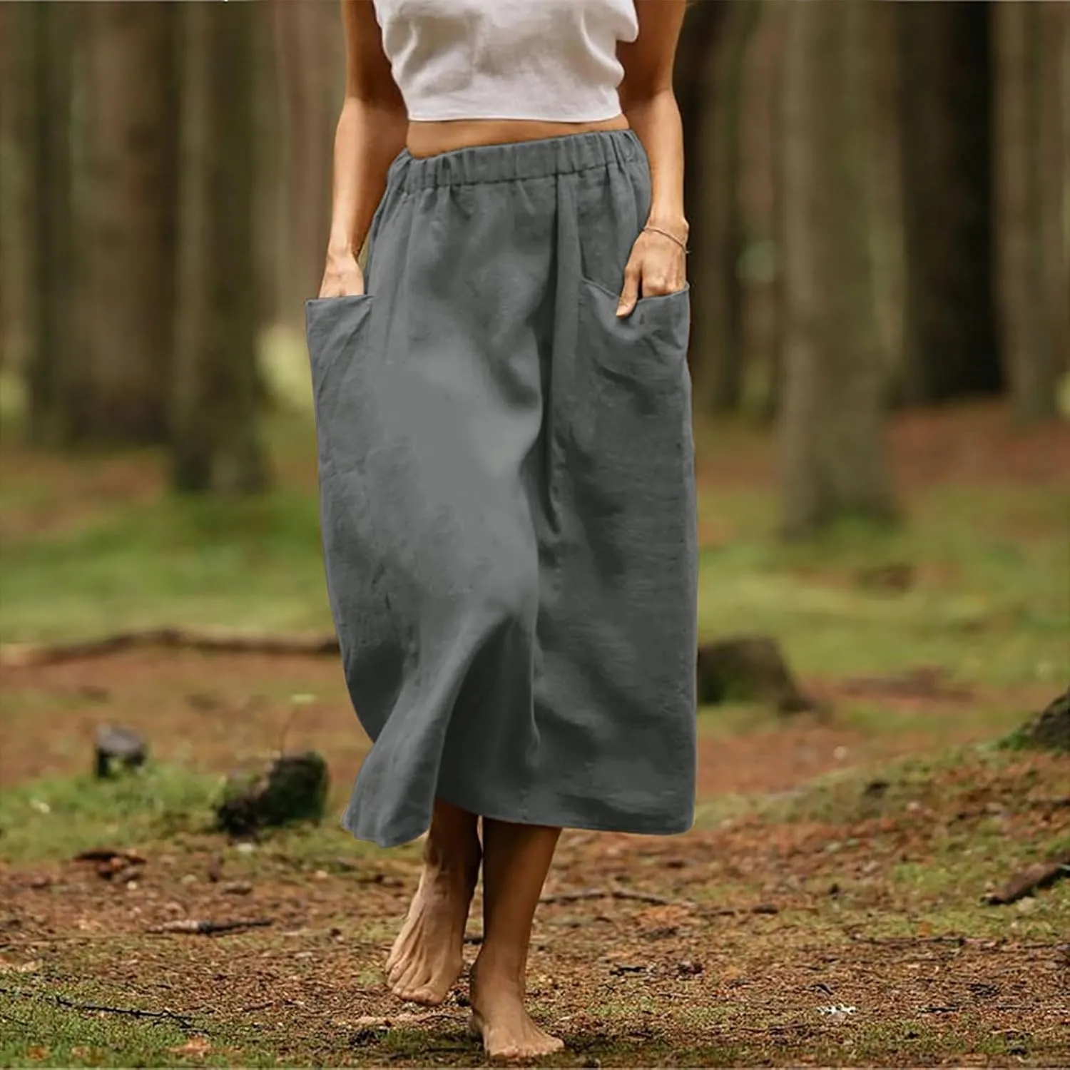 Women's Casual Linen Skirts Elastic Waist Midi Skirts A Line Pleated Skirts with Pockets Beach Flowy Boho Skirts