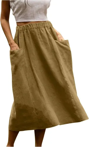 Women's Casual Linen Skirts Elastic Waist Midi Skirts A Line Pleated Skirts with Pockets Beach Flowy Boho Skirts