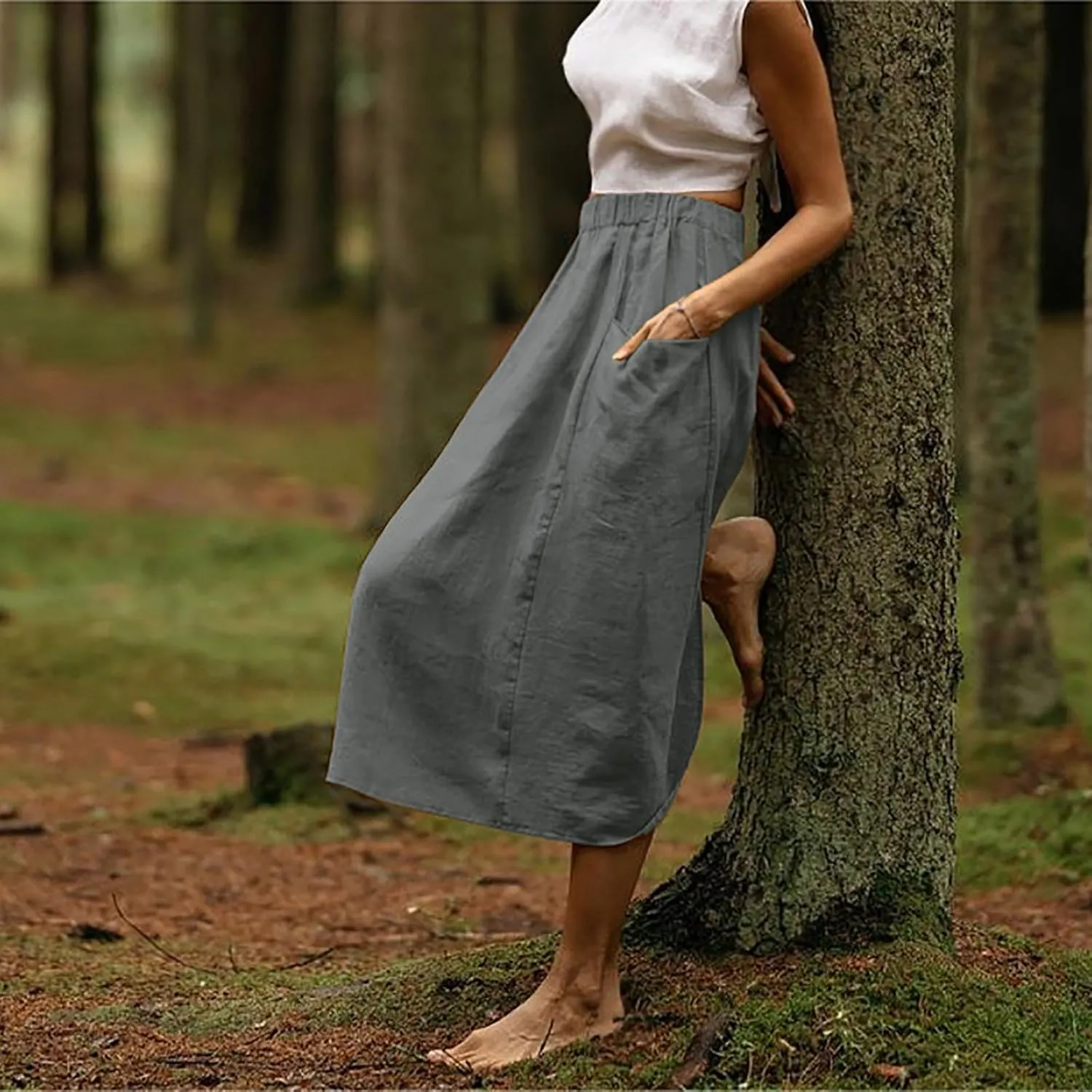 Women's Casual Linen Skirts Elastic Waist Midi Skirts A Line Pleated Skirts with Pockets Beach Flowy Boho Skirts