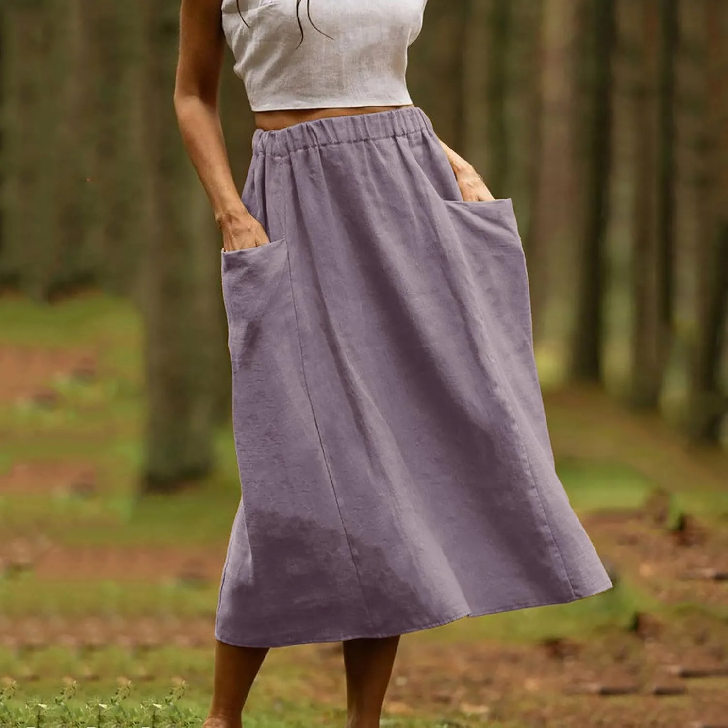 Women's Casual Linen Skirts Elastic Waist Midi Skirts A Line Pleated Skirts with Pockets Beach Flowy Boho Skirts