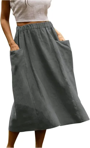 Women's Casual Linen Skirts Elastic Waist Midi Skirts A Line Pleated Skirts with Pockets Beach Flowy Boho Skirts