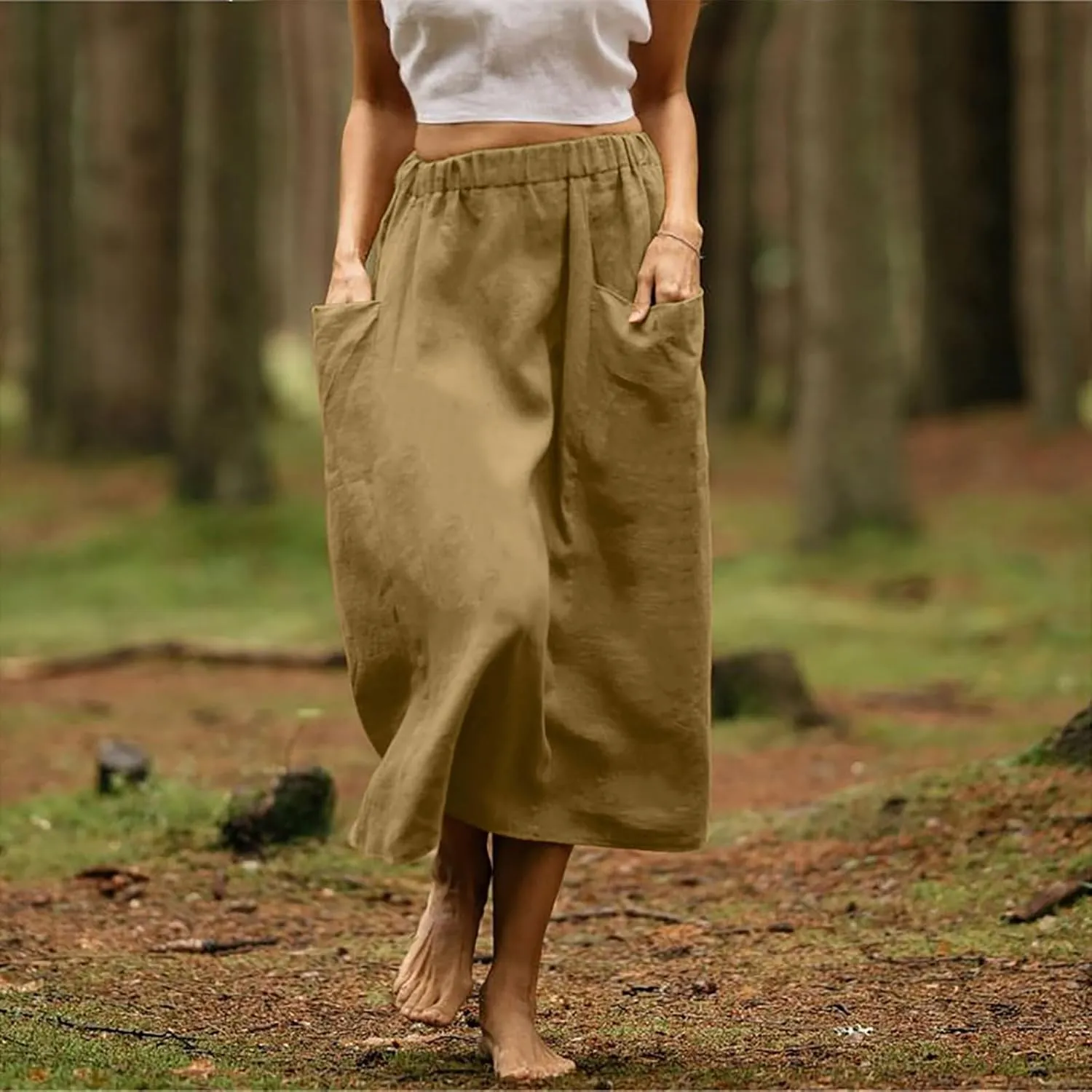Women's Casual Linen Skirts Elastic Waist Midi Skirts A Line Pleated Skirts with Pockets Beach Flowy Boho Skirts