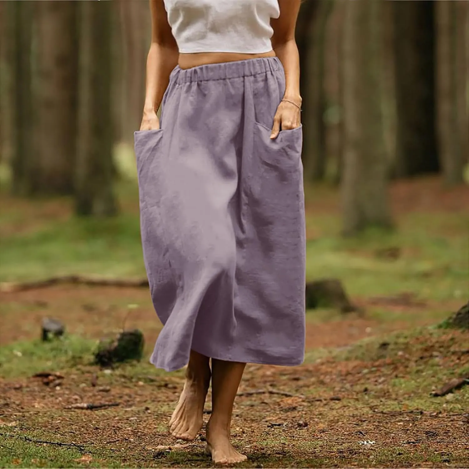 Women's Casual Linen Skirts Elastic Waist Midi Skirts A Line Pleated Skirts with Pockets Beach Flowy Boho Skirts