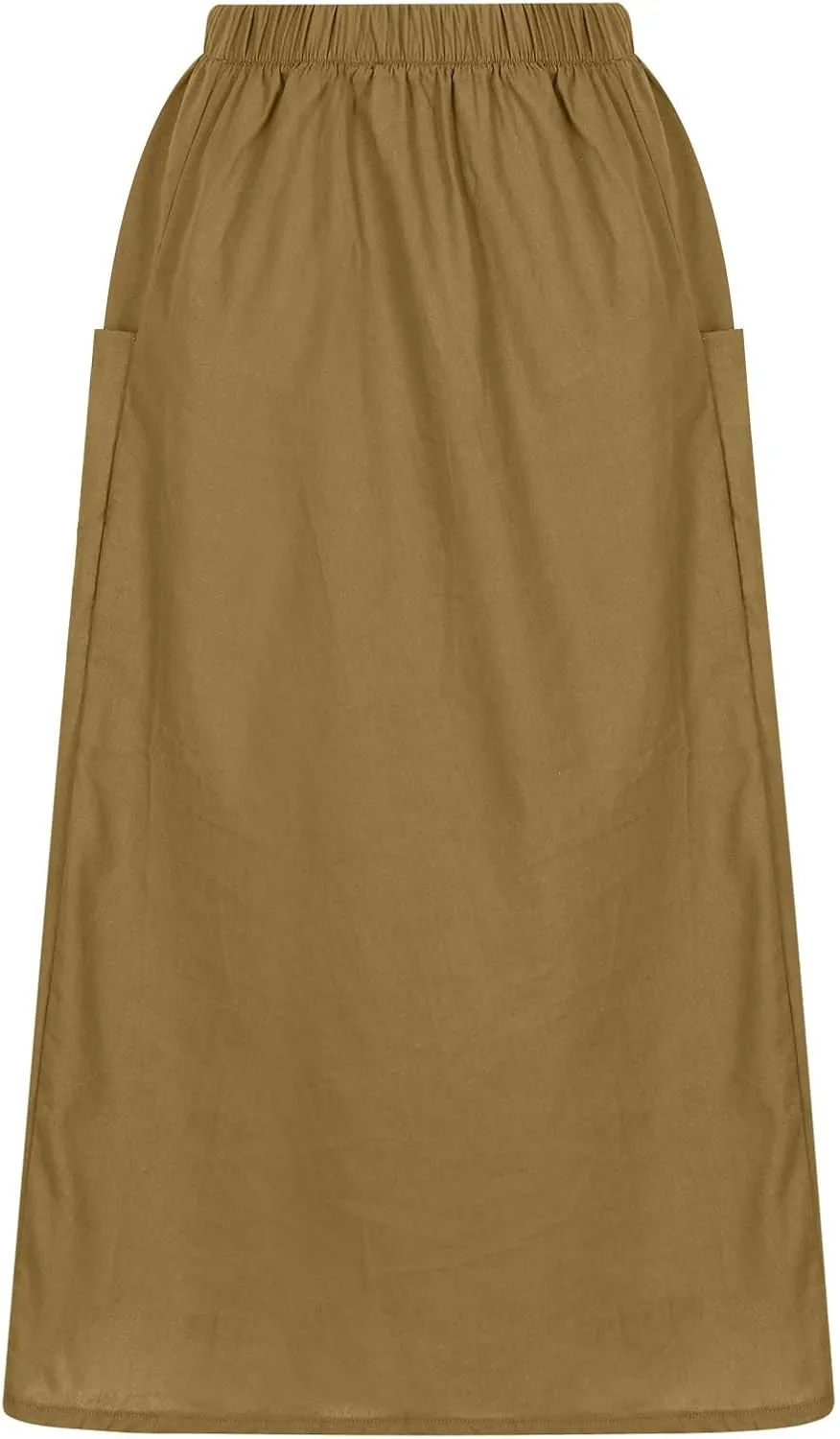 Women's Casual Linen Skirts Elastic Waist Midi Skirts A Line Pleated Skirts with Pockets Beach Flowy Boho Skirts