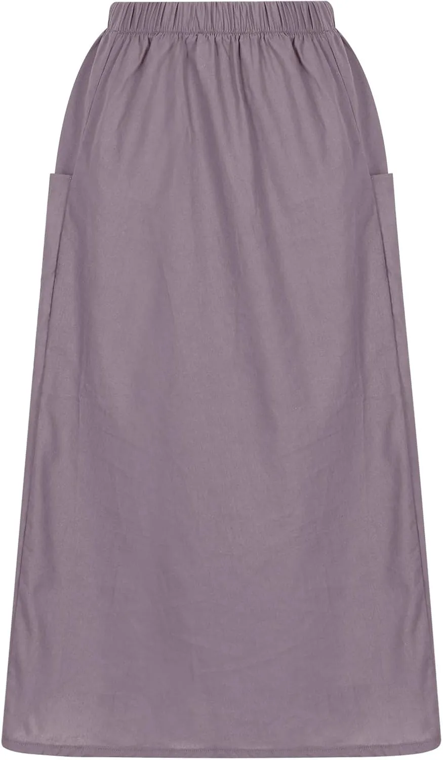 Women's Casual Linen Skirts Elastic Waist Midi Skirts A Line Pleated Skirts with Pockets Beach Flowy Boho Skirts