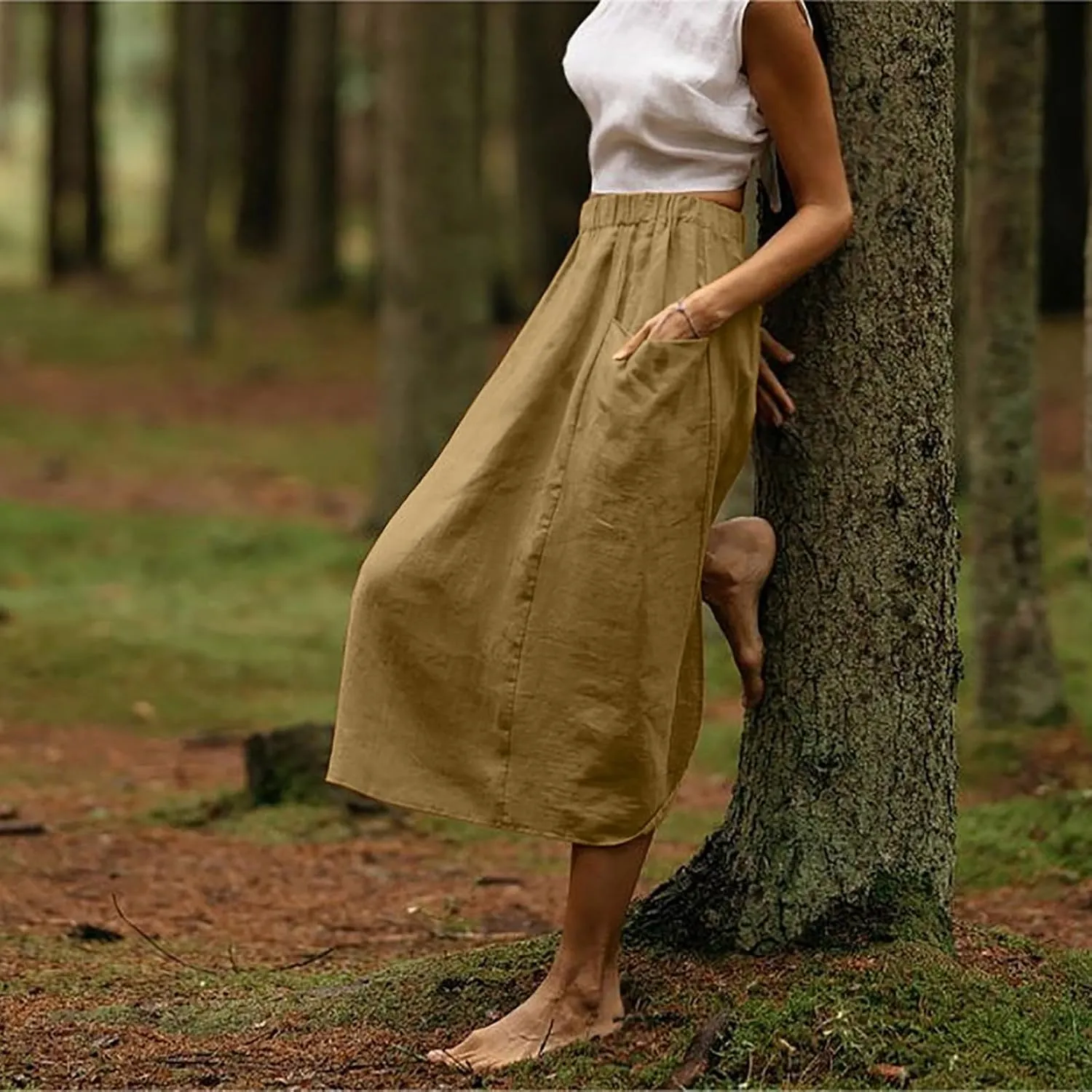 Women's Casual Linen Skirts Elastic Waist Midi Skirts A Line Pleated Skirts with Pockets Beach Flowy Boho Skirts