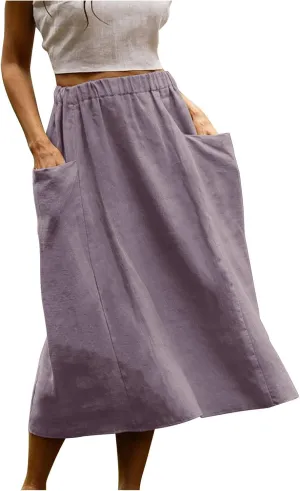Women's Casual Linen Skirts Elastic Waist Midi Skirts A Line Pleated Skirts with Pockets Beach Flowy Boho Skirts
