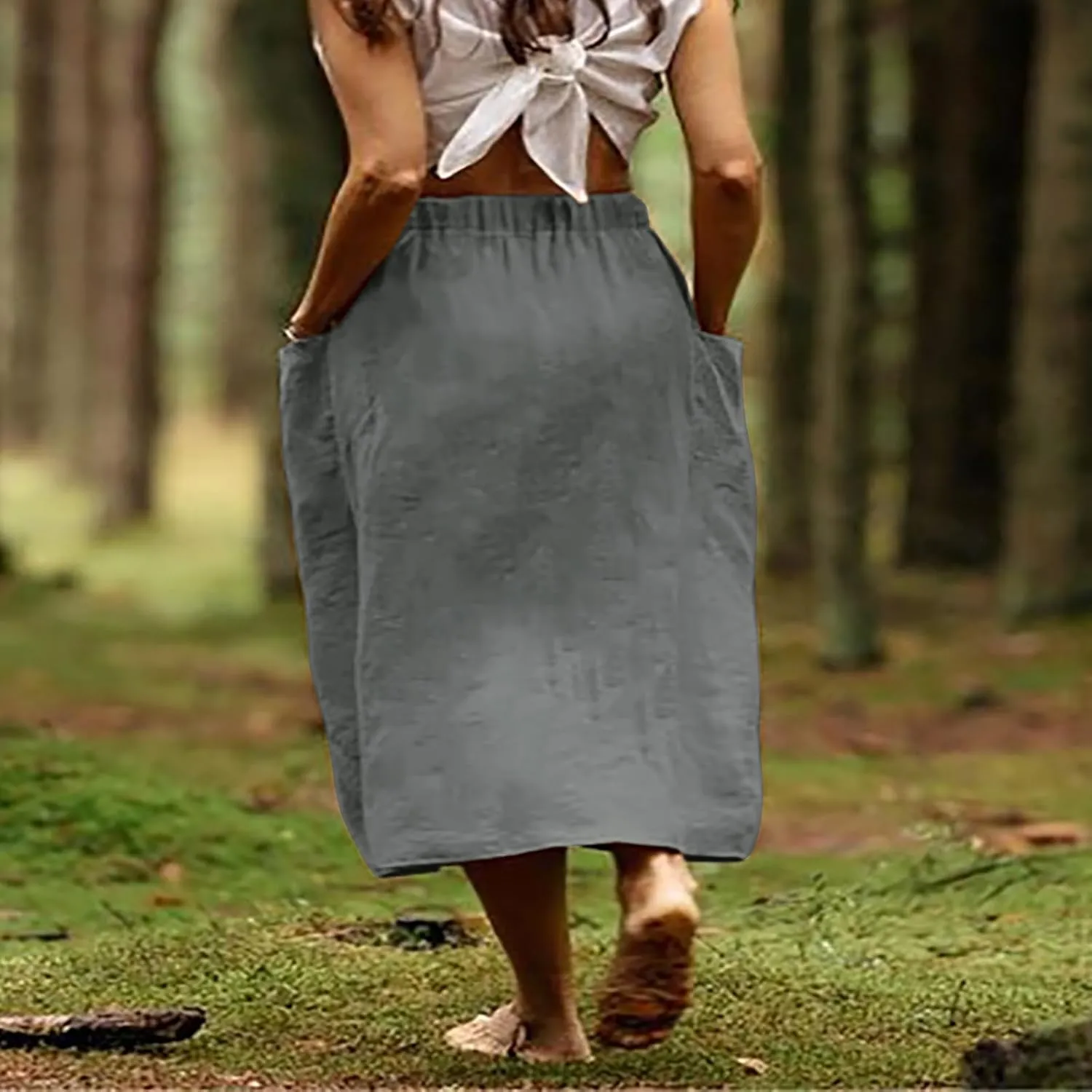 Women's Casual Linen Skirts Elastic Waist Midi Skirts A Line Pleated Skirts with Pockets Beach Flowy Boho Skirts